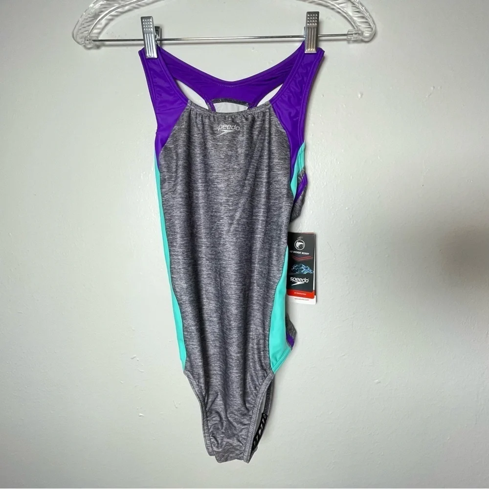 New With Tags Speedo Girls One Piece Racerback Swimsuit Size 14 Gray Purple Aqua